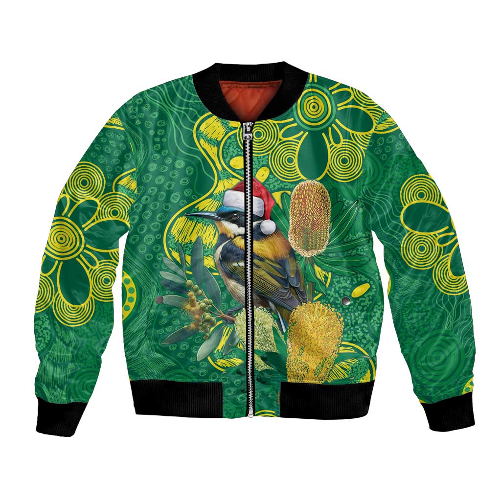 Aussie Honeyeaters Banksia Christmas Bomber Jacket Aboriginal Dots Painting Green Motif - Aussie Hoodie