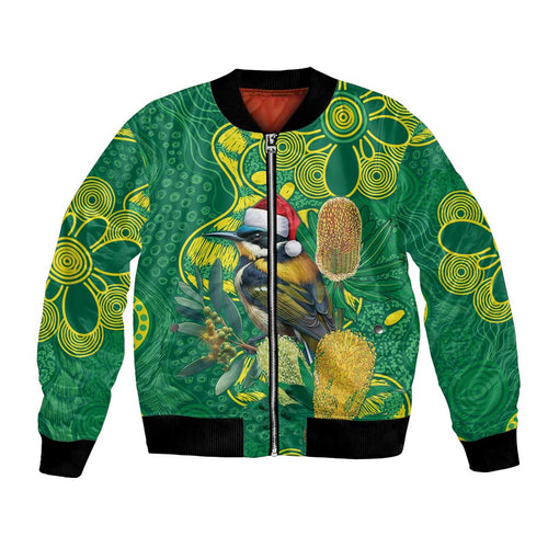 Aussie Honeyeaters Banksia Christmas Bomber Jacket Aboriginal Dots Painting Green Motif - Aussie Hoodie