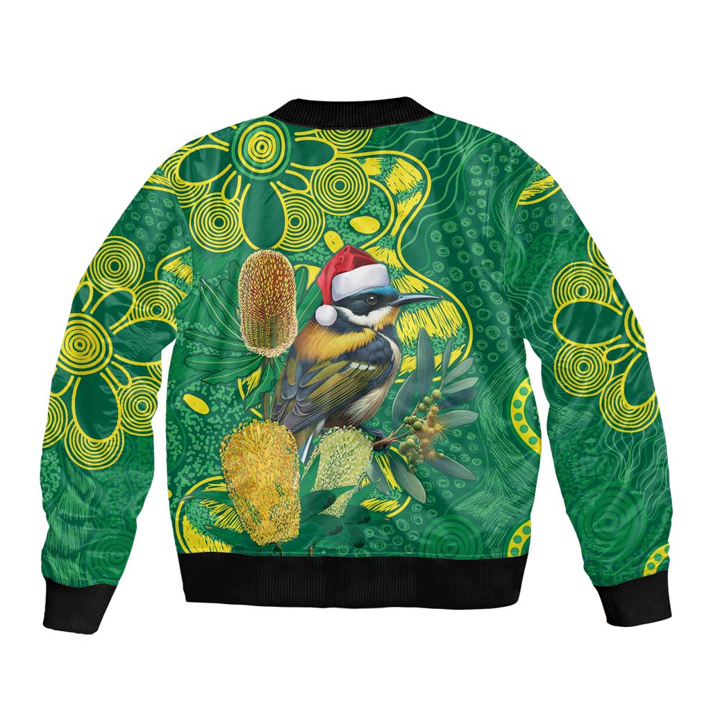 Aussie Honeyeaters Banksia Christmas Bomber Jacket Aboriginal Dots Painting Green Motif - Aussie Hoodie