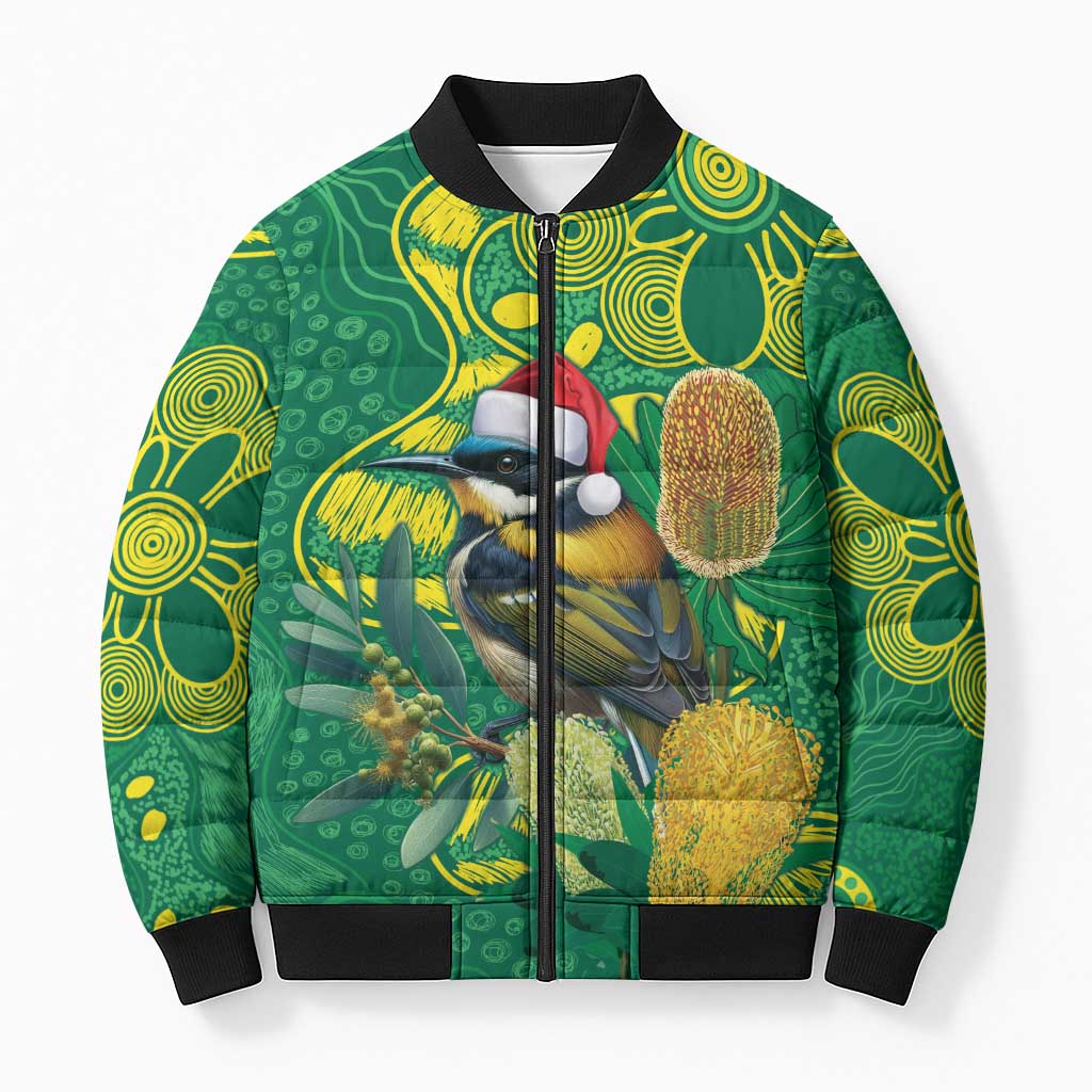 Aussie Honeyeaters Banksia Christmas Bomber Puffer Jacket Aboriginal Dots Painting Green Motif - Aussie Hoodie