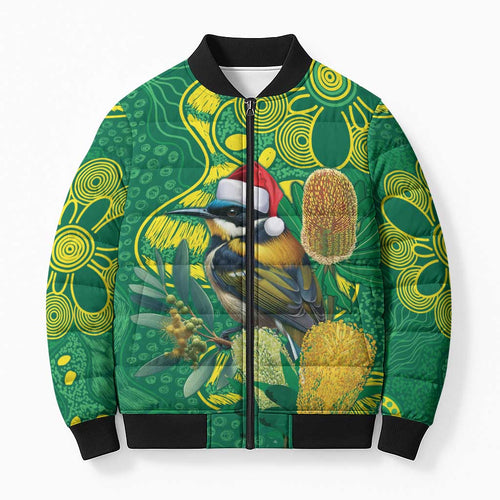 Aussie Honeyeaters Banksia Christmas Bomber Puffer Jacket Aboriginal Dots Painting Green Motif - Aussie Hoodie