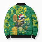 Aussie Honeyeaters Banksia Christmas Bomber Puffer Jacket Aboriginal Dots Painting Green Motif - Aussie Hoodie