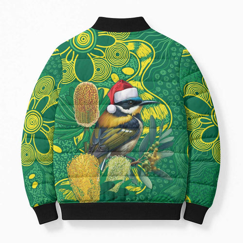 Aussie Honeyeaters Banksia Christmas Bomber Puffer Jacket Aboriginal Dots Painting Green Motif - Aussie Hoodie