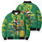 Aussie Honeyeaters Banksia Christmas Bomber Puffer Jacket Aboriginal Dots Painting Green Motif - Aussie Hoodie