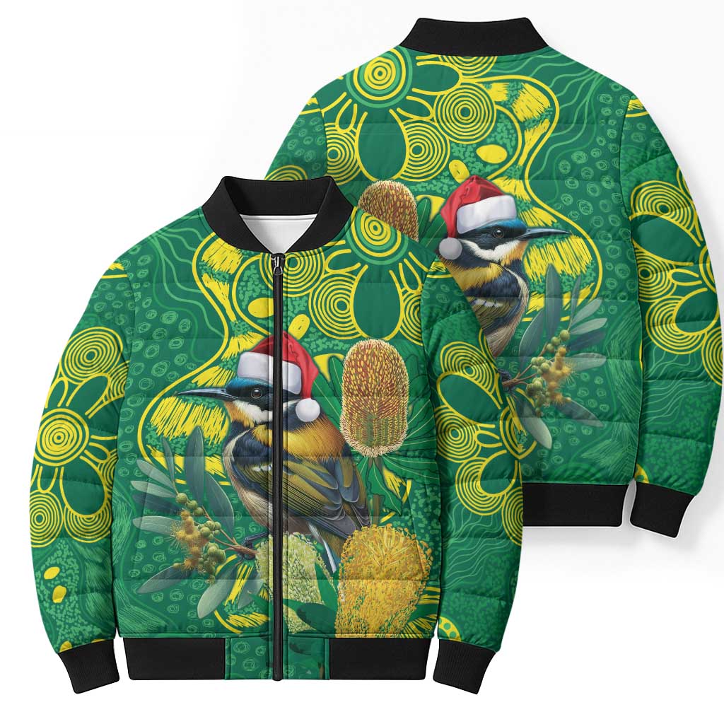 Aussie Honeyeaters Banksia Christmas Bomber Puffer Jacket Aboriginal Dots Painting Green Motif - Aussie Hoodie