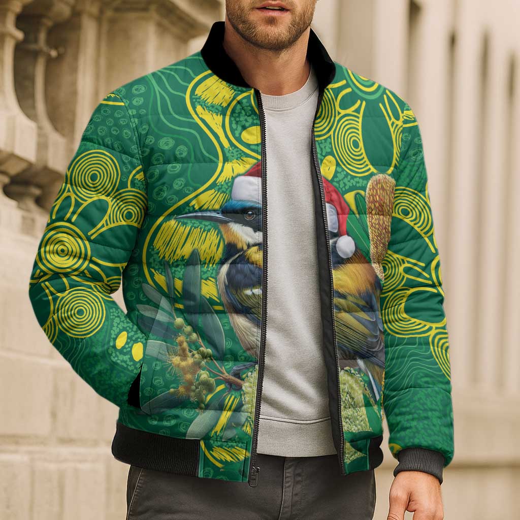 Aussie Honeyeaters Banksia Christmas Bomber Puffer Jacket Aboriginal Dots Painting Green Motif - Aussie Hoodie