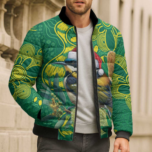 Aussie Honeyeaters Banksia Christmas Bomber Puffer Jacket Aboriginal Dots Painting Green Motif - Aussie Hoodie