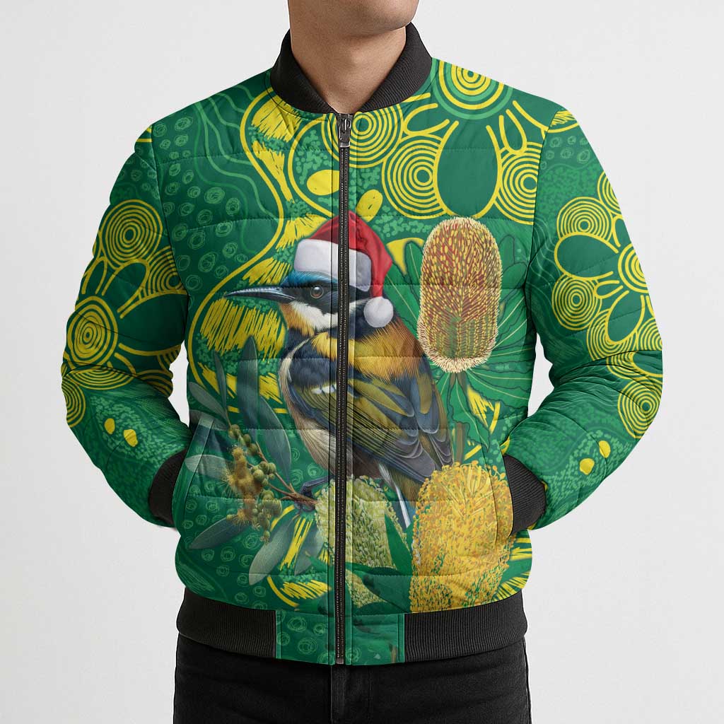Aussie Honeyeaters Banksia Christmas Bomber Puffer Jacket Aboriginal Dots Painting Green Motif - Aussie Hoodie