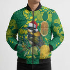 Aussie Honeyeaters Banksia Christmas Bomber Puffer Jacket Aboriginal Dots Painting Green Motif - Aussie Hoodie