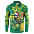 Aussie Honeyeaters Banksia Christmas Button Sweatshirt Aboriginal Dots Painting Green Motif - Aussie Hoodie
