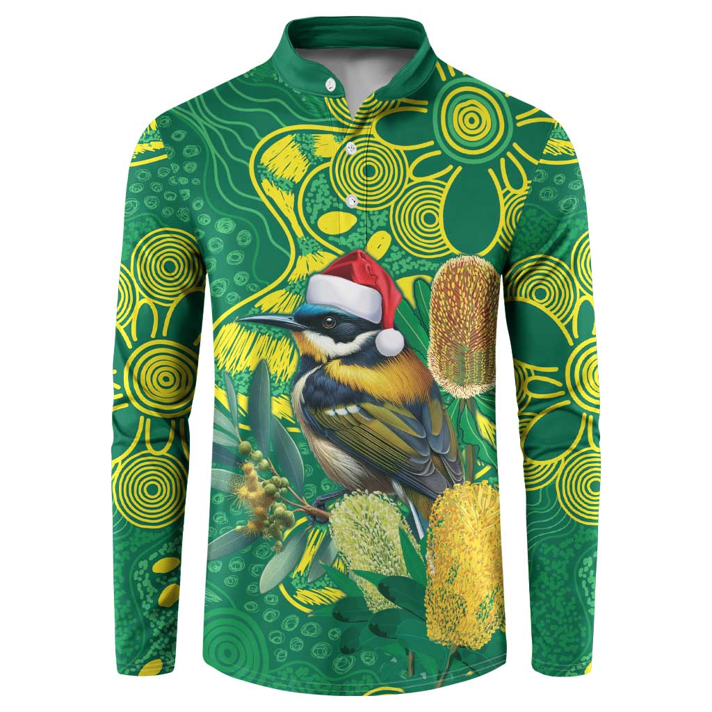 Aussie Honeyeaters Banksia Christmas Button Sweatshirt Aboriginal Dots Painting Green Motif - Aussie Hoodie