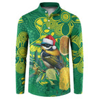 Aussie Honeyeaters Banksia Christmas Button Sweatshirt Aboriginal Dots Painting Green Motif - Aussie Hoodie