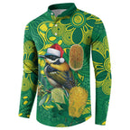 Aussie Honeyeaters Banksia Christmas Button Sweatshirt Aboriginal Dots Painting Green Motif - Aussie Hoodie