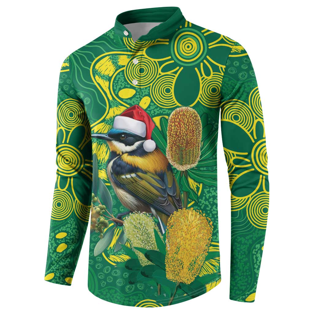 Aussie Honeyeaters Banksia Christmas Button Sweatshirt Aboriginal Dots Painting Green Motif - Aussie Hoodie