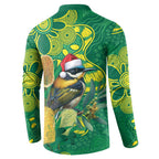 Aussie Honeyeaters Banksia Christmas Button Sweatshirt Aboriginal Dots Painting Green Motif - Aussie Hoodie