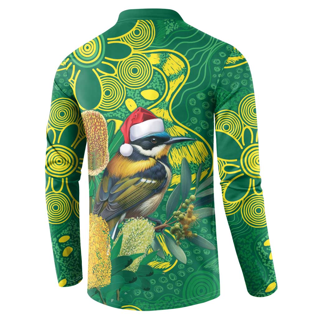 Aussie Honeyeaters Banksia Christmas Button Sweatshirt Aboriginal Dots Painting Green Motif - Aussie Hoodie
