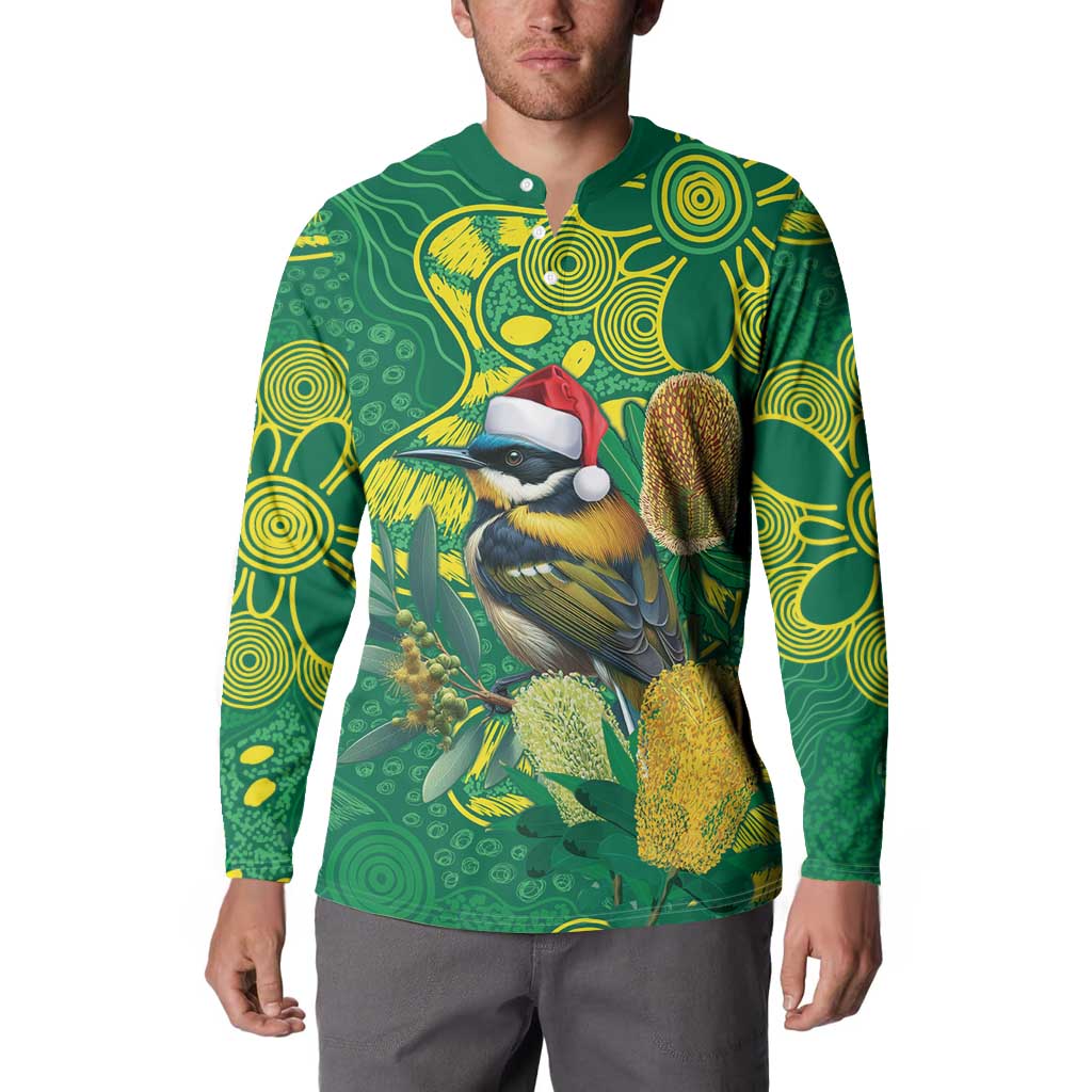 Aussie Honeyeaters Banksia Christmas Button Sweatshirt Aboriginal Dots Painting Green Motif - Aussie Hoodie