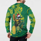 Aussie Honeyeaters Banksia Christmas Button Sweatshirt Aboriginal Dots Painting Green Motif - Aussie Hoodie