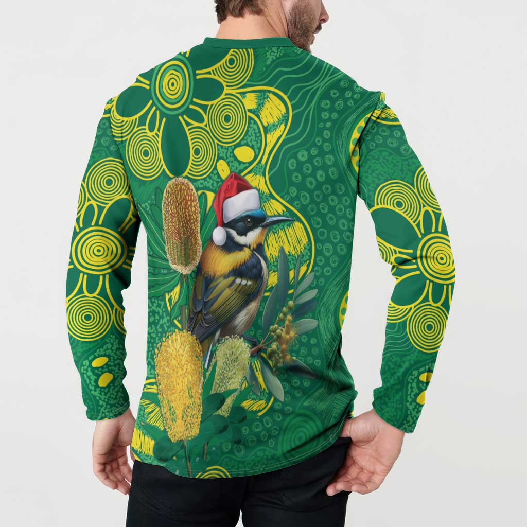 Aussie Honeyeaters Banksia Christmas Button Sweatshirt Aboriginal Dots Painting Green Motif - Aussie Hoodie