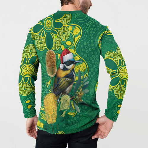 Aussie Honeyeaters Banksia Christmas Button Sweatshirt Aboriginal Dots Painting Green Motif - Aussie Hoodie