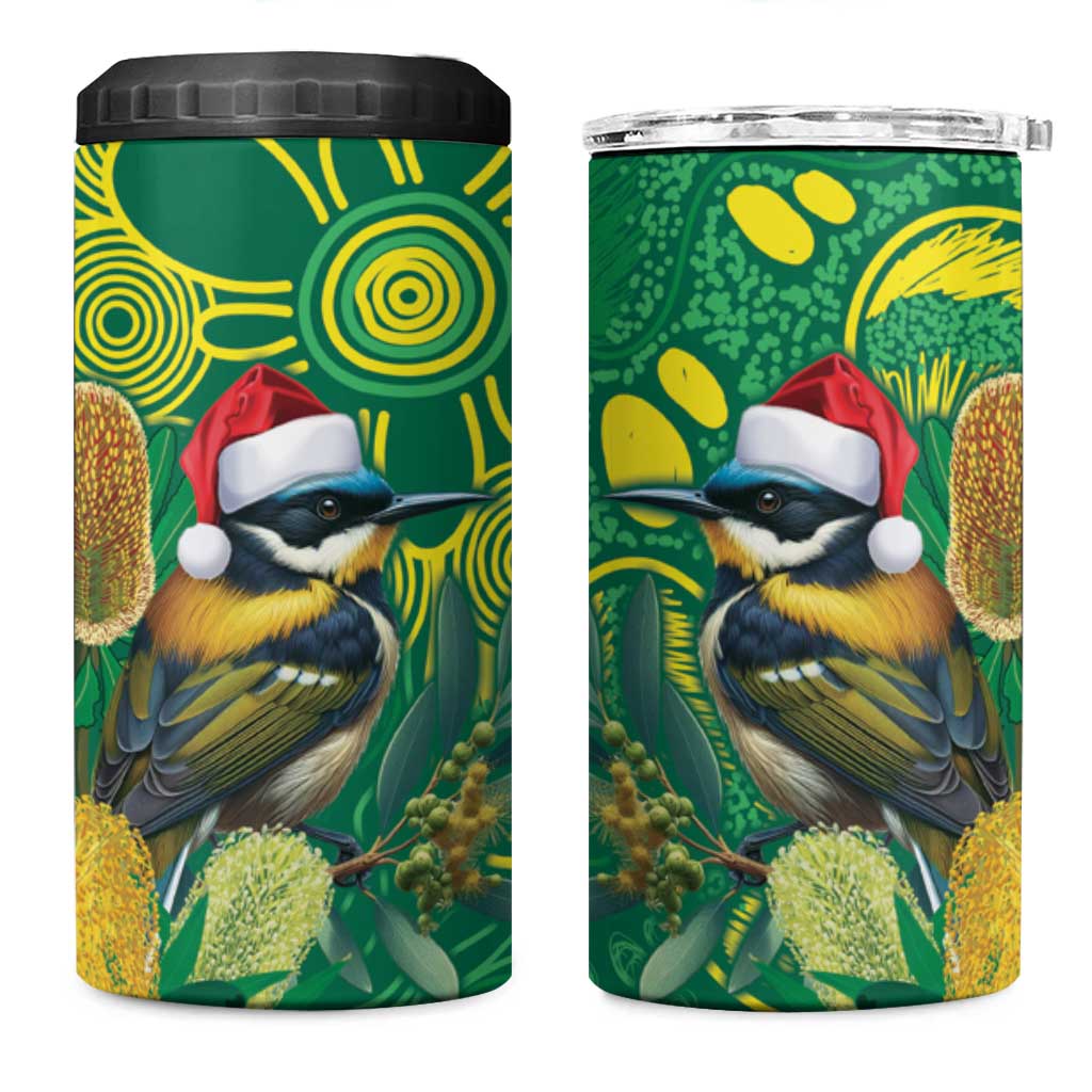 Aussie Honeyeaters Banksia Christmas 4 in 1 Can Cooler Tumbler Aboriginal Dots Painting Green Motif - Aussie Hoodie