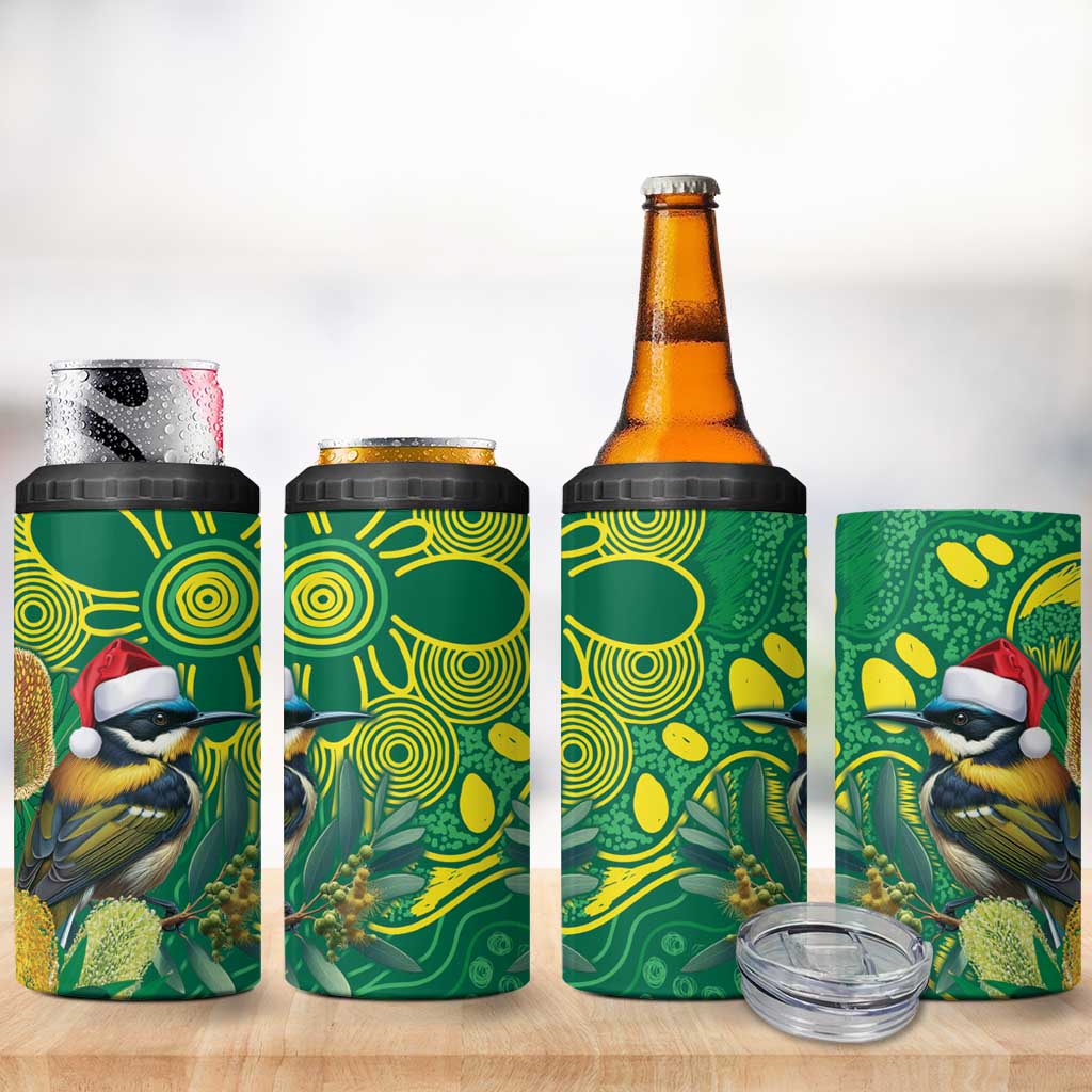 Aussie Honeyeaters Banksia Christmas 4 in 1 Can Cooler Tumbler Aboriginal Dots Painting Green Motif - Aussie Hoodie