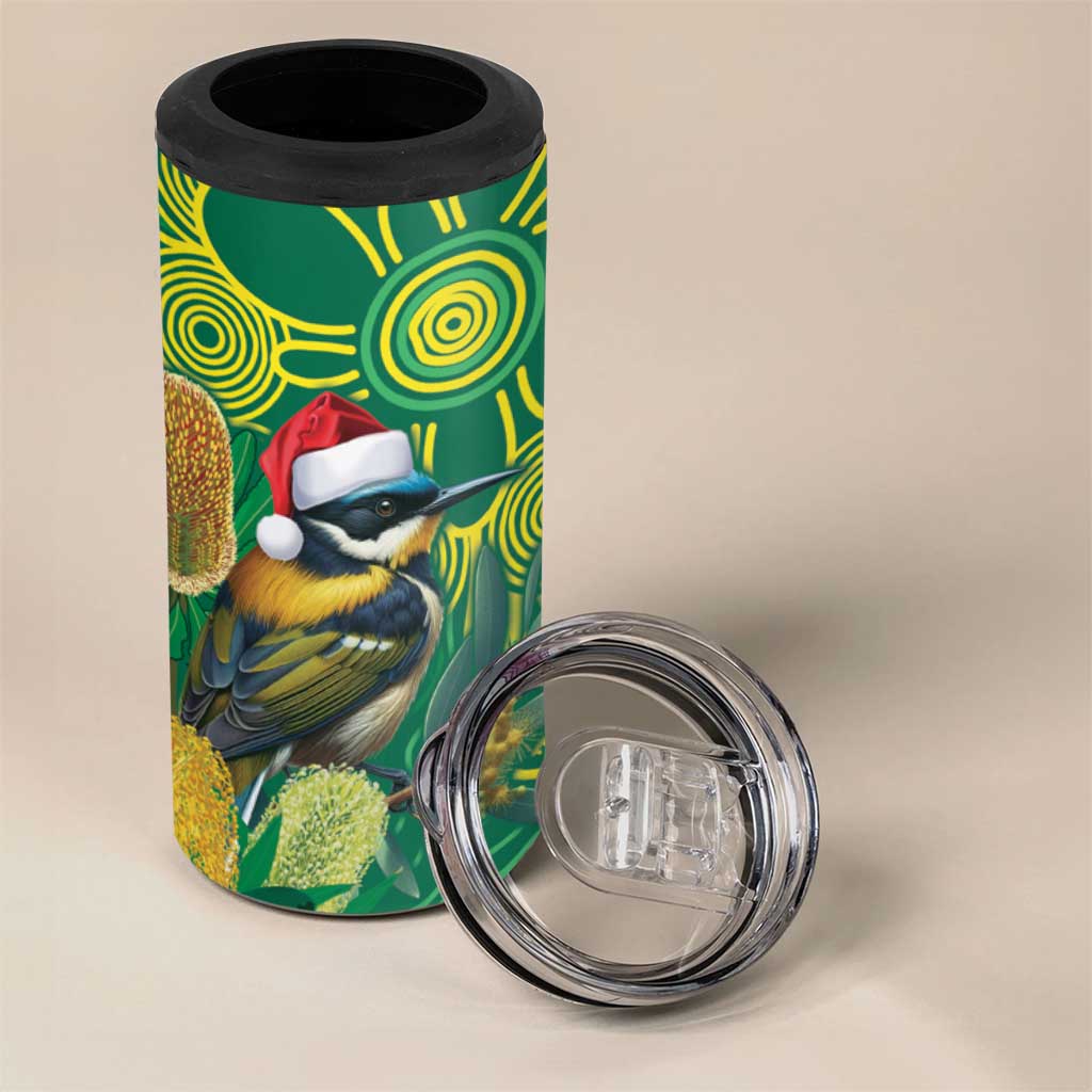 Aussie Honeyeaters Banksia Christmas 4 in 1 Can Cooler Tumbler Aboriginal Dots Painting Green Motif - Aussie Hoodie