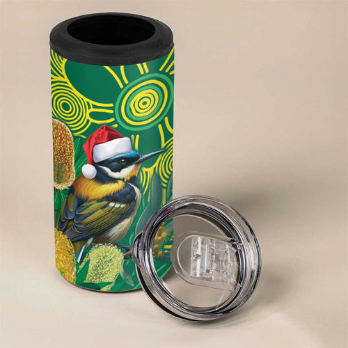 Aussie Honeyeaters Banksia Christmas 4 in 1 Can Cooler Tumbler Aboriginal Dots Painting Green Motif - Aussie Hoodie