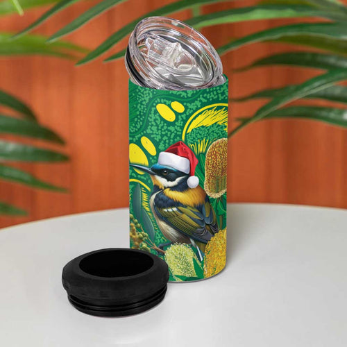 Aussie Honeyeaters Banksia Christmas 4 in 1 Can Cooler Tumbler Aboriginal Dots Painting Green Motif - Aussie Hoodie