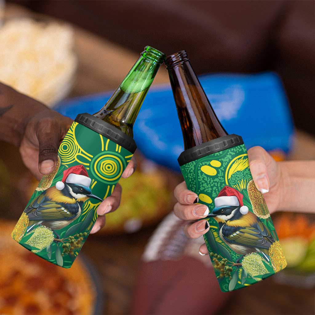 Aussie Honeyeaters Banksia Christmas 4 in 1 Can Cooler Tumbler Aboriginal Dots Painting Green Motif - Aussie Hoodie