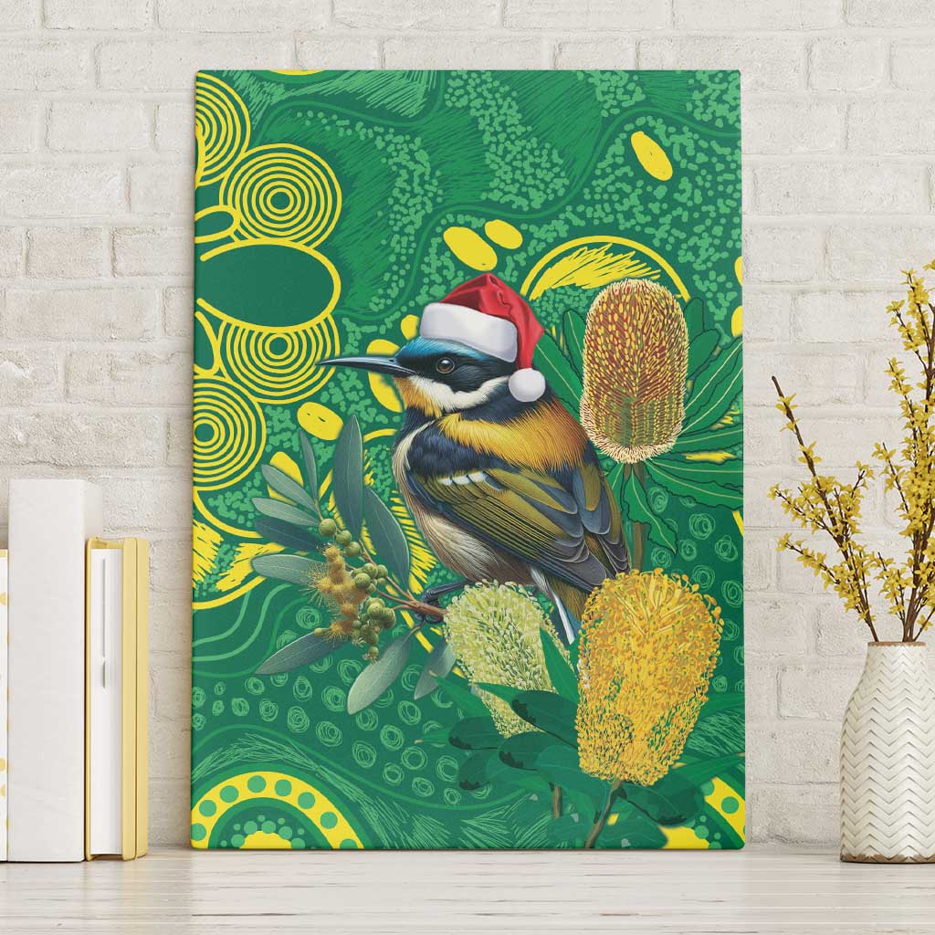 Aussie Honeyeaters Banksia Christmas Canvas Wall Art Aboriginal Dots Painting Green Motif - Aussie Hoodie