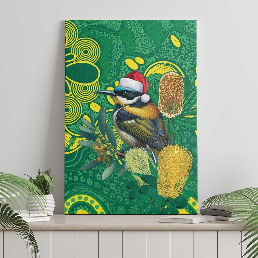 Aussie Honeyeaters Banksia Christmas Canvas Wall Art Aboriginal Dots Painting Green Motif - Aussie Hoodie