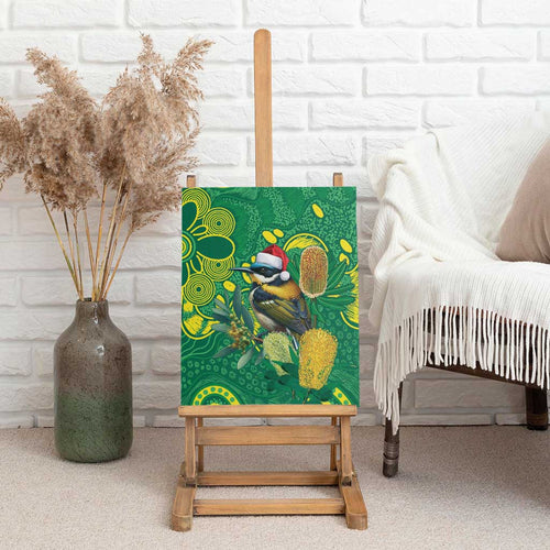 Aussie Honeyeaters Banksia Christmas Canvas Wall Art Aboriginal Dots Painting Green Motif - Aussie Hoodie