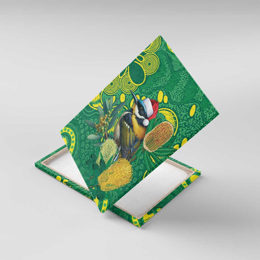 Aussie Honeyeaters Banksia Christmas Canvas Wall Art Aboriginal Dots Painting Green Motif - Aussie Hoodie