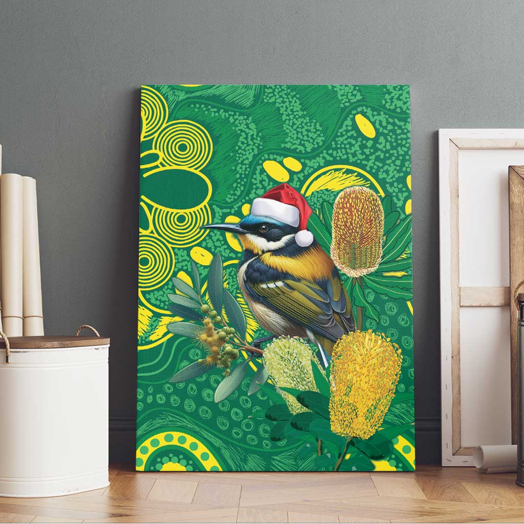 Aussie Honeyeaters Banksia Christmas Canvas Wall Art Aboriginal Dots Painting Green Motif - Aussie Hoodie