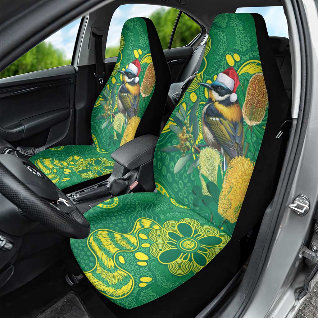 Aussie Honeyeaters Banksia Christmas Car Seat Cover Aboriginal Dots Painting Green Motif - Aussie Hoodie