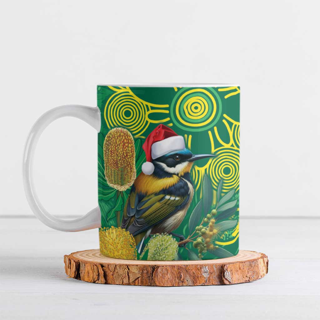 Aussie Honeyeaters Banksia Christmas Ceramic Mug Aboriginal Dots Painting Green Motif - Aussie Hoodie