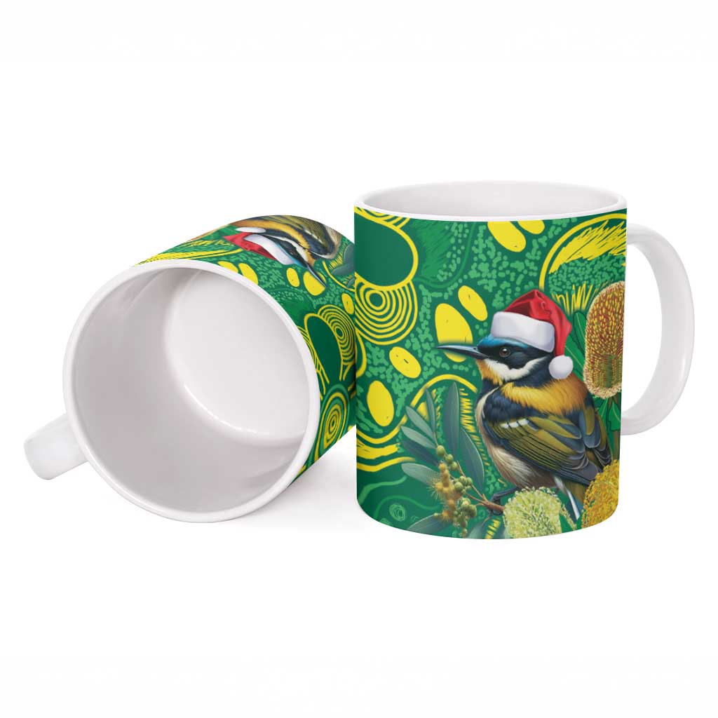 Aussie Honeyeaters Banksia Christmas Ceramic Mug Aboriginal Dots Painting Green Motif - Aussie Hoodie