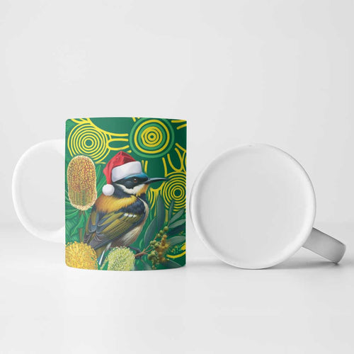Aussie Honeyeaters Banksia Christmas Ceramic Mug Aboriginal Dots Painting Green Motif - Aussie Hoodie