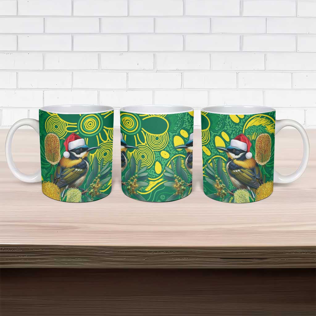 Aussie Honeyeaters Banksia Christmas Ceramic Mug Aboriginal Dots Painting Green Motif - Aussie Hoodie