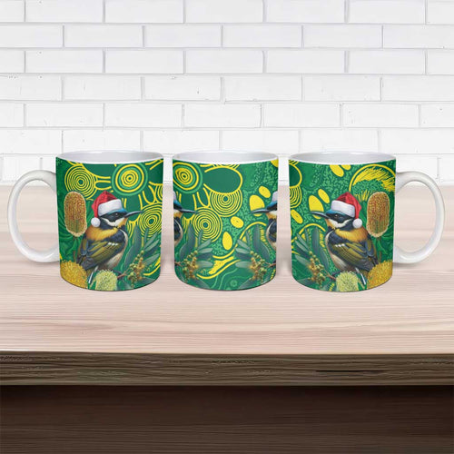Aussie Honeyeaters Banksia Christmas Ceramic Mug Aboriginal Dots Painting Green Motif - Aussie Hoodie