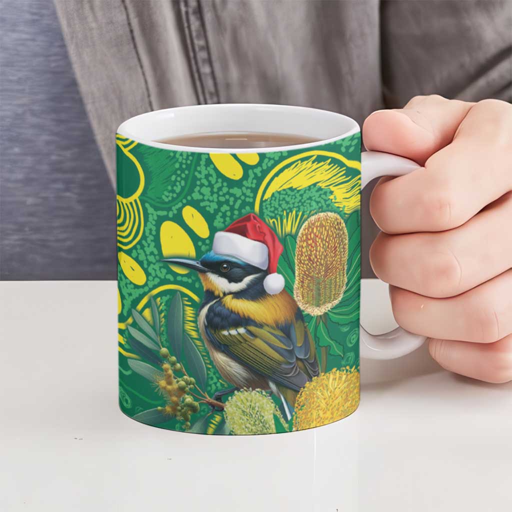 Aussie Honeyeaters Banksia Christmas Ceramic Mug Aboriginal Dots Painting Green Motif - Aussie Hoodie