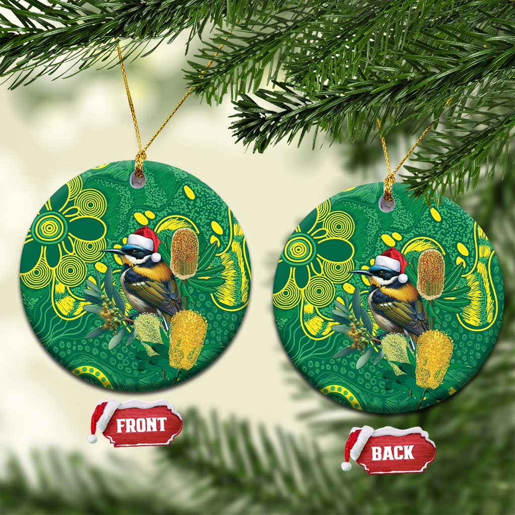 Aussie Honeyeaters Banksia Christmas Ceramic Ornament Aboriginal Dots Painting Green Motif - Aussie Hoodie