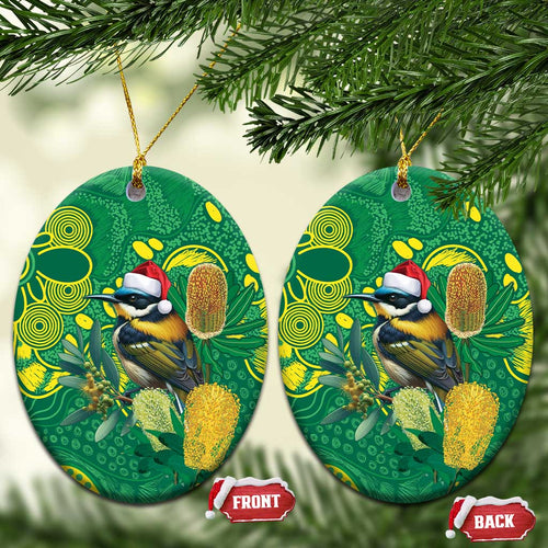 Aussie Honeyeaters Banksia Christmas Ceramic Ornament Aboriginal Dots Painting Green Motif - Aussie Hoodie
