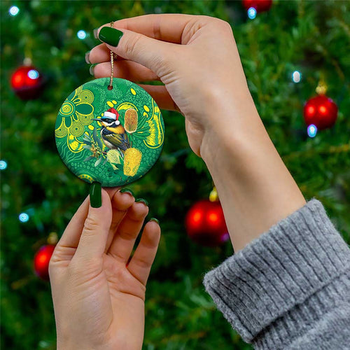 Aussie Honeyeaters Banksia Christmas Ceramic Ornament Aboriginal Dots Painting Green Motif - Aussie Hoodie