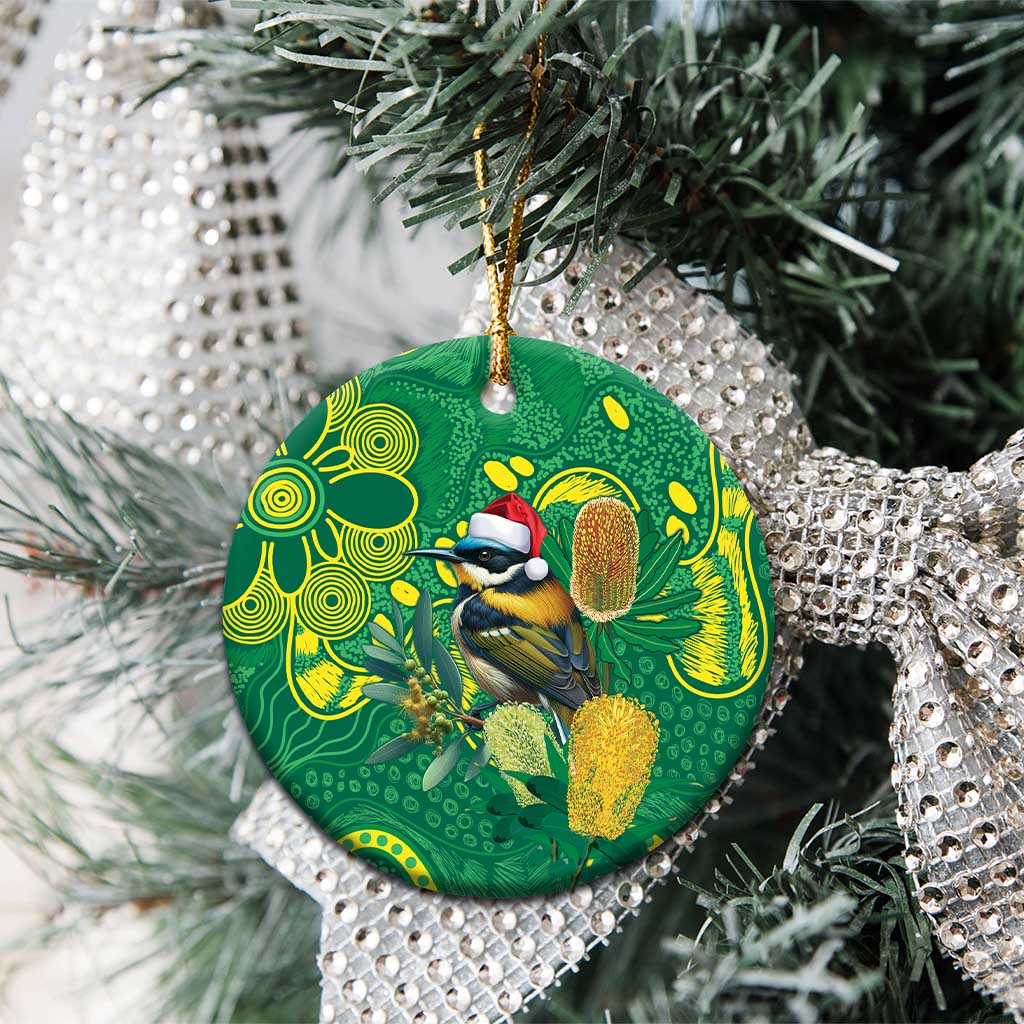 Aussie Honeyeaters Banksia Christmas Ceramic Ornament Aboriginal Dots Painting Green Motif - Aussie Hoodie