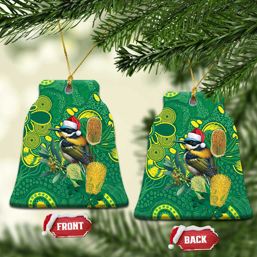 Aussie Honeyeaters Banksia Christmas Ceramic Ornament Aboriginal Dots Painting Green Motif - Aussie Hoodie