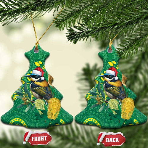Aussie Honeyeaters Banksia Christmas Ceramic Ornament Aboriginal Dots Painting Green Motif - Aussie Hoodie