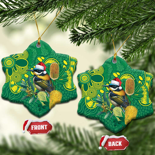 Aussie Honeyeaters Banksia Christmas Ceramic Ornament Aboriginal Dots Painting Green Motif - Aussie Hoodie