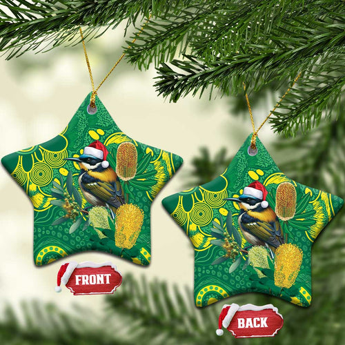 Aussie Honeyeaters Banksia Christmas Ceramic Ornament Aboriginal Dots Painting Green Motif - Aussie Hoodie